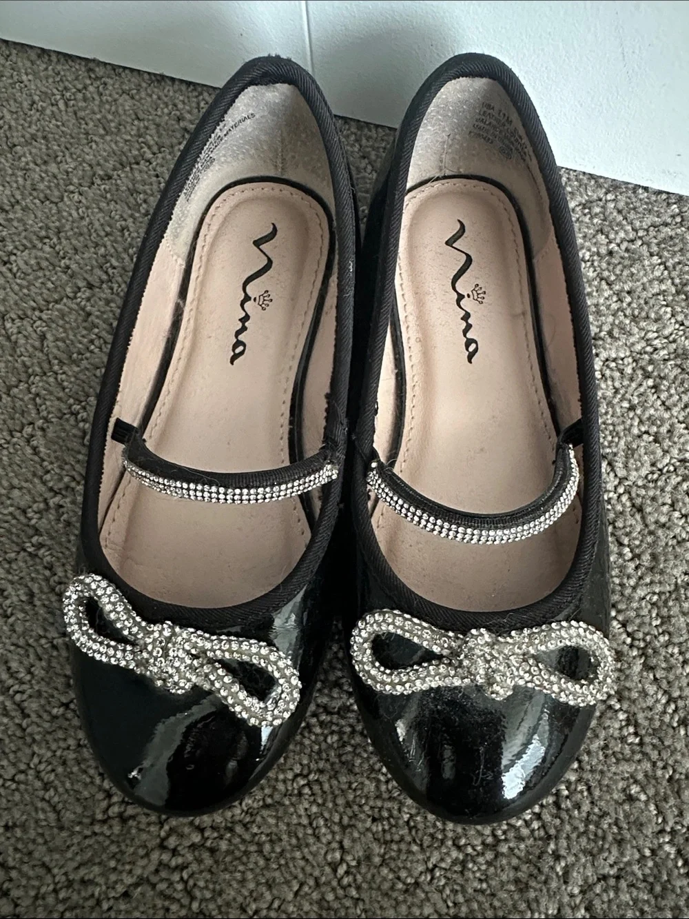 Nina Black Patent Girls Dress Shoes with Rhinestone Bow